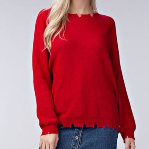 Amor Distressed Edge Sweater (RED) - Picture 2 of 5